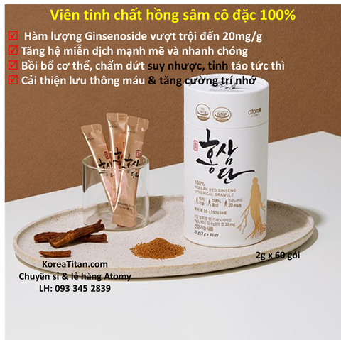 Hồng sâm Hàn Quốc nguyên chất 100%,  hàm lượng ginsenoside Rg1, Rb1 và Rg3 lên đến 20mg/1 gói, tăng cường miễn dịch, cải thiện trí nhớ, chống oxy hoá, đẹp da, giảm căng thẳng mệt mỏi (1g x 60 gói) - Atomy Korea red Ginseng Spherical Granule  - - 애터미 고려홍삼구형과립 - Атоми Хонсамдан Женьшень