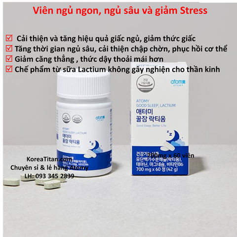 Viên uống chiết xuất từ sữa Latium và Theanine giảm stress, giải tóc căng thẳng, ngủ ngon, ngủ sâu, không chập chờn thức giấc được  (700mg x 60 viên) - Atomy Good Sleep, Lactium - 애터미 꿀잠 락티움 - Атоми Гуд Сон, Лактиум