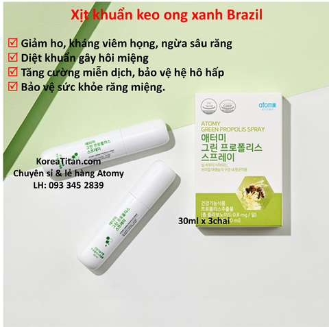 Xịt kháng vi khuẩn khoang miệng chiết xuất từ keo ong xanh Brazil chứa chất kháng khuẩn tự nhiên artephylline C giúp ngăn hôi miệng, hơi thở thơm mát, giảm viêm họng và ho khang (30 ml x 3 chai) - Atomy Green Propolis Spray - 애터미 그린 프로폴리스 스프레이 - Атоми Зеленый спрей с прополисом