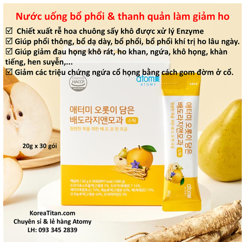 Chiết xuất rễ hoa chuông, lê, mộc hoa và ngưu bàng giúp bổ phổi, thanh quản, mát họng, dứt ho, trừ đàm đặc biệt phù hợp cho người quan tâm chất giọng:  giáo viên, ca sĩ (20g x 30 gói) - atomy bellflower root, pear  & quince compact juice - 애터미 도라지, 배, 모과 컴팩트 주스 p - Компактный сок Atomy Bellflower, груша, айва