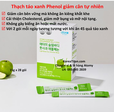 Thạch táo xanh chứa hàm lượng cao chất chống oxy hoá polyphenol cao hơn 10 lần, giảm giảm mỡ thừa (15g x 28 gói) - Atomy Slimy Body Applephenon Jelly Stick - 애터미 슬리미바디 애플페논 젤리스틱 - Желейный стик Atomy Slimy Body с яблоком и феноном