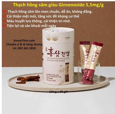 Thạch hồng sâm Korea có chứa hàm lượng ginsenoside cao: Rg1, Rb1 và Rg3 lên đến 5,5mg/1 gói, tăng cường miễn dịch, cải thiện trí nhớ, chống oxy hoá, đẹp da, giảm căng thẳng mệt mỏi (10g x 30 gói) -  Atomy Korean Red Ginseng Jelly Stick - 애터미 고려홍삼젤리스틱 - Атоми Красный Женьшень в стик-желе