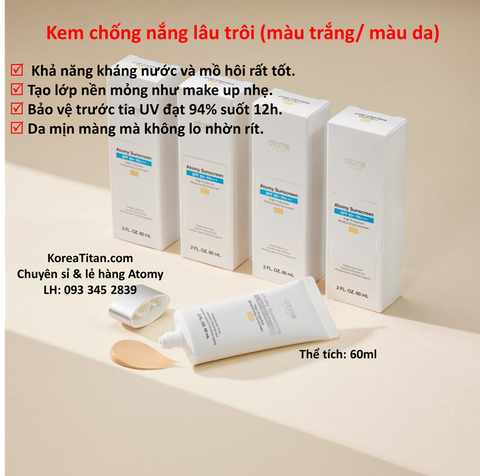 Kem chống nắng lâu trôi (màu da) cho mọi loại da, mềm mịn, dưỡng ẩm, bảo vệ 12h với chỉ số chống nắng cao SPF50+ PA+++  60ml  - Atomy Sunscreen    - 애터미 선크림 화이트 - Атоми Солнцезащитный Крем