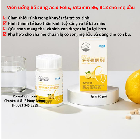 Viên uống bổ sung Acid Folic thiết yếu cho mẹ bầu và phụ nữ tuổi sanh đẻ cần thiết cho sự hình thành tế bào thần kinh và tế bào máu của thai nhi, hạn chế khuyết tật thai nhi  - (300 mg x 60 viên) - Atomy Folic Acid From Lemon Extract - 레몬추출물에서 추출한 애터미 엽산 - Атоми Фолиевая кислота из экстракта лимона