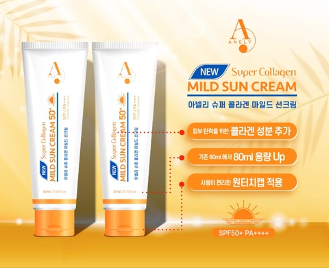 Kem chống nắng SPF 50+ PA++++ dưỡng ẩm, nâng tone, làm trắng, chứa thành phần dịu nhẹ và bổ sung collagen - new supper collagen mild sun cream anely - 새로운 저녁 콜라겐 마일드 선크림 애널리