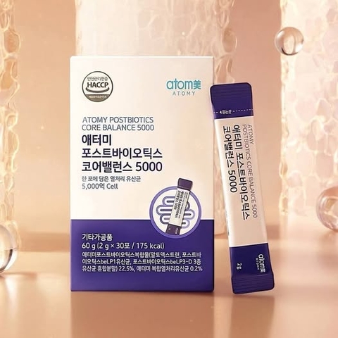 Men vi sinh chứa nồng độ cao 500 tỷ men vi sinh sống giúp tăng cường tiêu hoá, cải thiện hệ miễn dịch, dùng được  cho cả trẻ em, người lớn, tiểu đường hoặc ăn kiêng 2g x 30 gói - Atomy Postbiotics Core Balance 5000  - 애터미 포스트바이오틱스 코어밸런스 5000 - Атоми Постбиотики Кор Баланс 5000