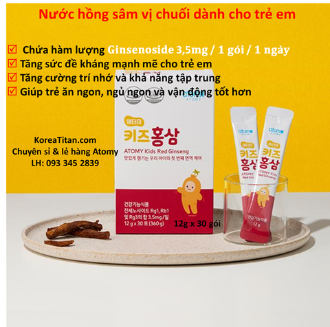 Nước hồng sâm Hàn Quốc cô đặc dành cho trẻ em  chứa hàm lượng 𝐆𝐢𝐧𝐬𝐞𝐧𝐨𝐬𝐢𝐝𝐞 𝟑.𝟓𝐦𝐠 vượt trội giúp tăng sức đề kháng mạnh mẽ, tăng cường trí nhớ, sức khoẻ vượt trội 12g x 30 gói) - Atomy Kids Red Ginseng - 애터미 키즈홍삼 - Atomy Kids Красный женьшень