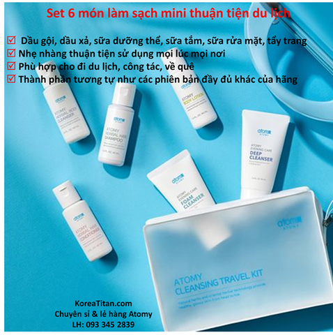Bộ 6 sản phẩm vệ sinh da nhỏ gọn, thanh lịch giúp làm sạch da từ đầu đến chân khi đi du lịch, công tác xa : sữa rửa mặt, tẩy trang, dầu gội, dầu xả, sữa tắm, sữa dưỡng thể Atomy - Travel Cleansing Kit - 애터미 여행용 클렌징 키트 6종 - Атоми Дорожный Набор 6