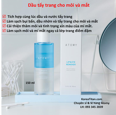 Dầu tẩy trang cho môi và mắt chứa công thức độc đáo làm sạch mạnh mẽ nhưng không gây kích ứng cho vùng da nhạy cảm - Atomy Kip & Eye Make up Remover - 애터미 립 앤 아이 리무버 - Средство для удаления губ и глаз Atomy