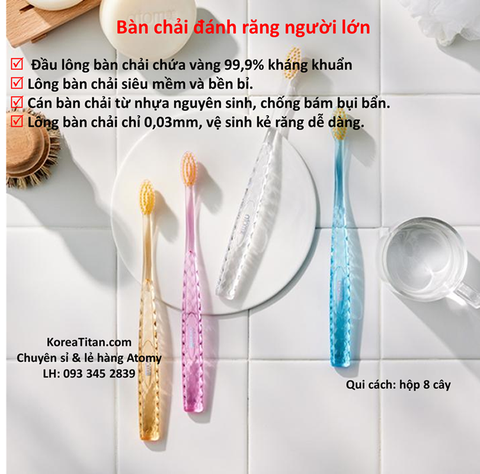 Bàn chải đánh răng người lớn với sợi siêu mềm mịn và bền bỉ, được phủ lớp bụi vàng ngăn ngừa vi khuẩn bám trên lông bàn chải (8 cây) - Atomy's Toothbrush  - 애터미 칫솔 - Атоми Зубные Щетки 8 шт