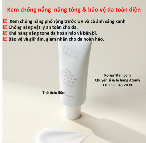 Kem chống nắng màu trắng giúp nâng tông da, chặn cả tia UV và ánh sáng xanh từ điện thoại, máy tính, tivi - Atomy Absolute Snow Tone Up Essence Sun 50ml - 애터미 앱솔루트 스노우 톤업 에센스 선