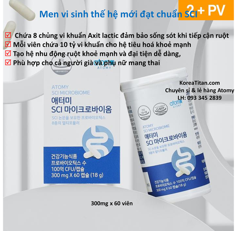 Men vi sinh thế hệ mới  đạt chuẩn SCI chứa 10 tỷ vi sinh trong 1 viên với tỷ lệ sống sót và bám vào thành ruột giúp tiêu hoá dễ dàng, mạnh mẽ (300mg x 60 viên) -  atomy sci microbiome - 애터미 SCI 마이크로바이옴 - Микробиом Atomy SCI