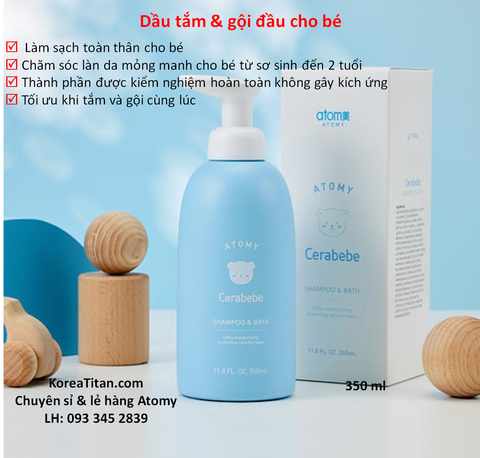Dầu tắm gội dịu nhẹ và an toàn cho bé sơ sinh, cấp ẩm và duy trì độ pH cho da giúp làm dịu da, ngăn ngừa sưng ngứa, rôm sãy cho bé 350ml- Atomy Cerabebe Shampoo & Body Wash - 애터미 세라베베 샴푸 앤 바디워시 - Шампунь и гель для душа Atomy Cerabebe