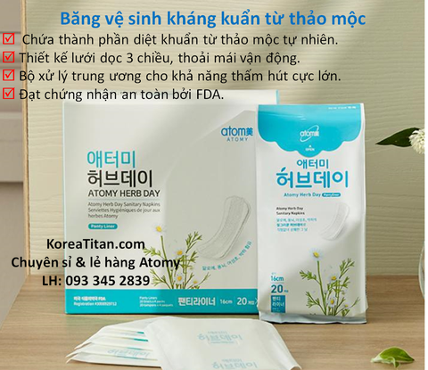 Băng vệ sinh chứa chất kháng khuẩn tự nhiên từ thảo dược, cùng lưới lọc thấm hút 3 chiều nhanh chóng và khô thoáng  (loại dùng hàng ngày 16cm x 80 cái) -  Atomy Herbday Panty liner - 애터미 허브데이 팬티라이너 - Прокладки для трусов Atomy Herb Day