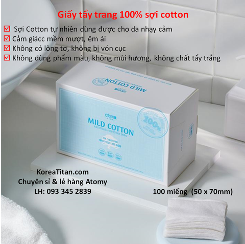 Bông tẩy trang cotton từ sợi bông hoàn toàn tự nhiên an toàn, không chứa chất tẩy trắng, không gây dị ứng cho da -  Atomy mild cotton - 애터미 마일드 코튼 - Атоми мягкий хлопок.