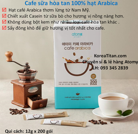 Cà phê sữa hoà tan từ hạt cafe 100% Arabica, được sấy đông khô giữ nguyên hương vị thơm ngon độc đáo kết hợp casein từ sữa bò tươi đậm đà - Atomy Cafe Arabica 16g x 200 gói -  애터미 카페 아라비카 200T  Атоми Кофе Арабика 200 шт