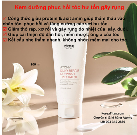 Kem dưỡng cung cấp Protein phục hồi tóc hư tổn, gãy rụng và bảo vệ tóc dưới nhiệt độ cao mà không cần xả 200ml - Atomy Silky Repair no wash treatment 200ml- 애터미 실키 리페어 노워시 트리트먼트