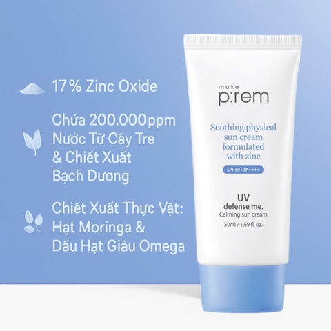 Kem Chống Nắng Vật Lý phù hợp với cả làn da nhạy cảm -  Make P:rem UV Defense Me Calming Sun Cream SPF50+ PA++++ 50ml