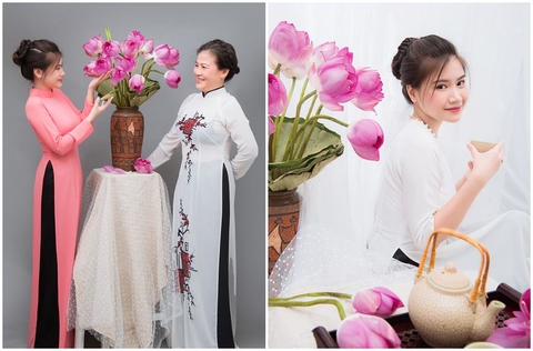 Chụp ảnh hoa sen và trà sen trong studio: mẹ con chị Hương ở Hà Nội