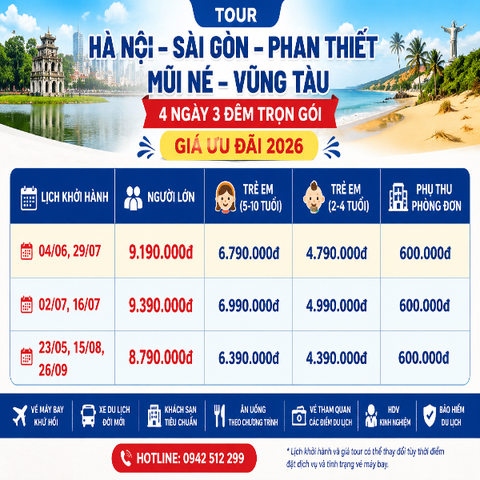 Tour Hà Nội – Sài Gòn – Phan Thiết – Mũi Né – Vũng Tàu 4 Ngày 3 Đêm Trọn Gói Giá Ưu Đãi