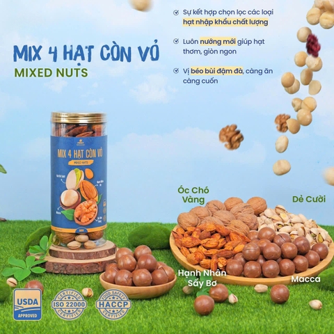 Mixed Nuts 4 loại hạt dinh dưỡng Macca, Óc Chó, Hạnh Nhân,và Hạt Dẻ Cười còn vỏ hộp 500gr
