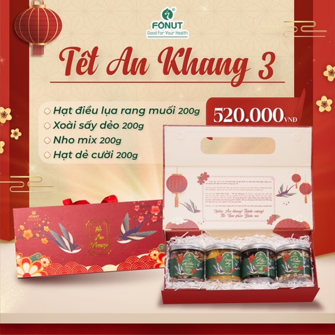 SET QUÀ 3 ( Gồm hộp quà, hạt điều vỏ lụa rang muối, xoài sấy dẻo, nho mix, hạt dẻ cười)