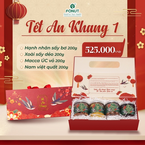 SET QUÀ 1 ( Gồm hộp quà, hạnh nhân sấy bơ, xoài sấy dẻo, macca Úc vỏ, nam việt quất )