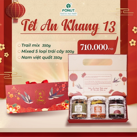 SET QUÀ 13 ( Gồm hộp quà, trail mix, mixed 5 loại trái cây sấy, nam việt quất )