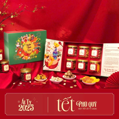 SET QUÀ 19 ( Gồm hộp quà, macca nứt vỏ, hạnh nhân sấy bơ, nho khô, xoài sấy dẻo, khô gà lá chanh, hạt dưa)