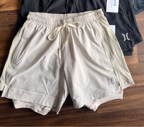 Quần đùi thể thao 2 lớp có lớp bó đùi chạy bộ cầu lông pickleball (có bigsize) - Màu kem