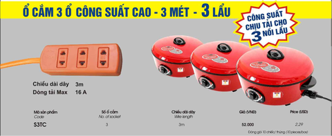 Ổ cắm 3 ổ công suất cao 3 met – 3 lẩu