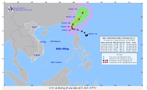 Bão số 5 mạnh cấp 16, di chuyển theo hướng Tây Tây Bắc