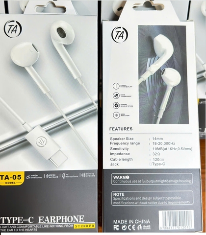 Tai nghe dây Đầu TypeC TA-05 cho ip15 150k