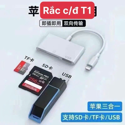 Cáp Chuyển đọc thẻ OTG T1 lighting ra 3: thẻ nhớ TF, sD, cắm USB