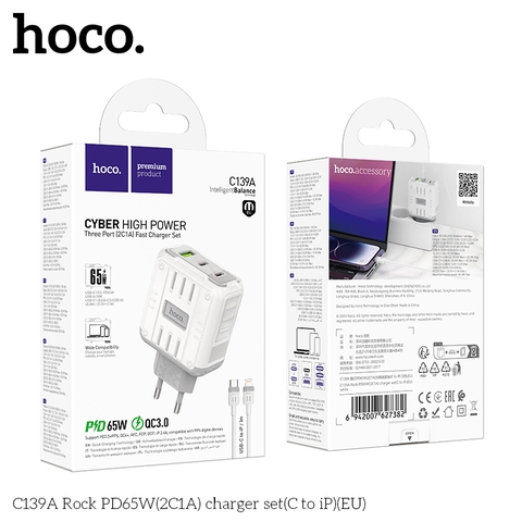 Bộ sạc Hoco C139A PD65w (2C1A) TypeC-Lighting