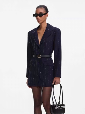 Áo khoác blazer kẻ sọc đính đá xanh navy