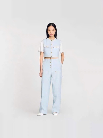 Áo dạ tweed Sandro xanh sát nách