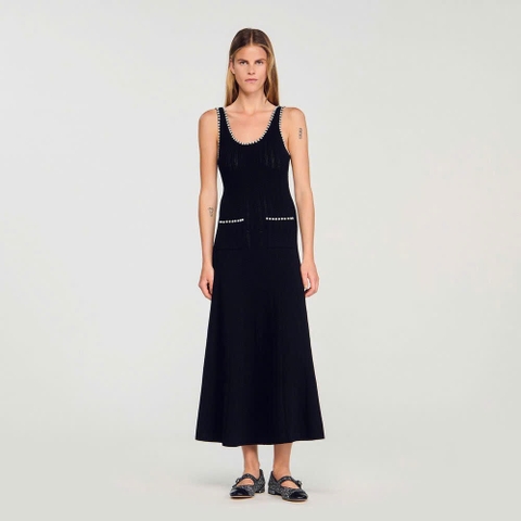 Váy maxi Sandro knit đen viền ngọc trai trắng