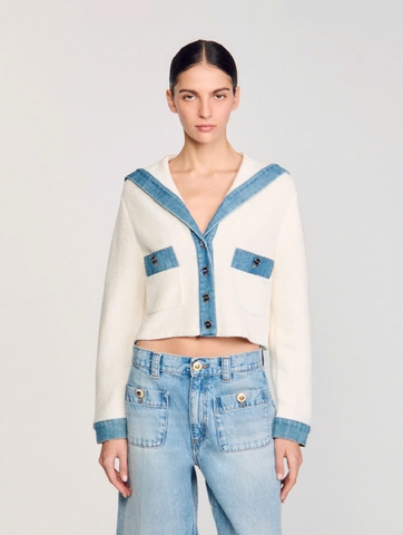 Áo cardigan với chi tiết denim