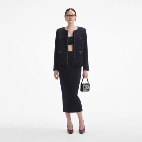Áo khoác len cardigan đính họa tiết xanh navy