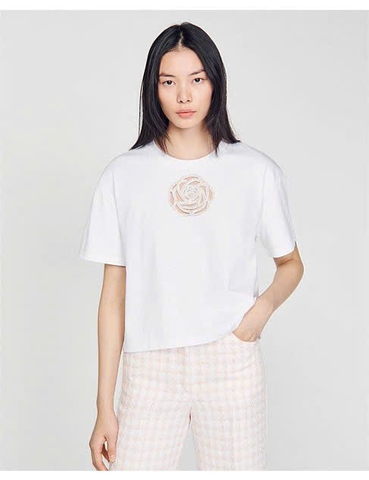 Tshirt Sandro trắng hoa hồng đá