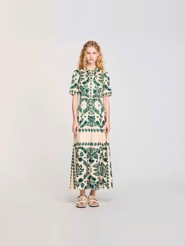 Váy maxi lụa Sandro cổ đức hoa xanh
