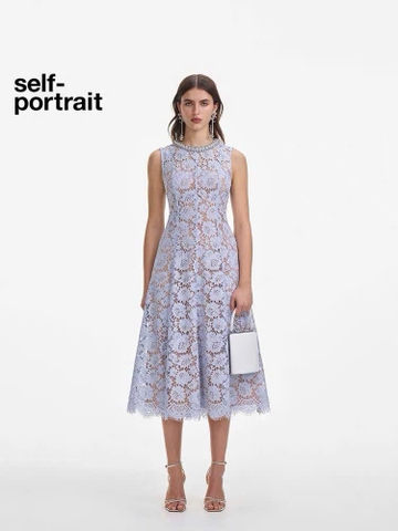 Váy maxi Sel-Portrait ren 3D cổ ngọc trai sát nách tím