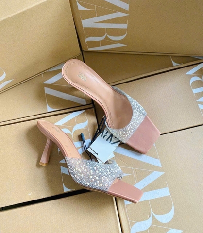 Guốc Zara quai trong bling nhũ bạc