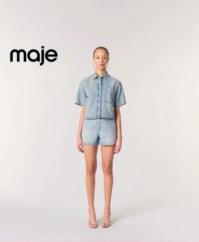 Áo denim Maje ngắn tay đính hạt bling
