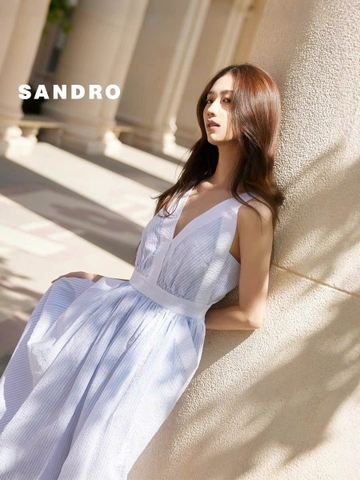 Váy maxi Sandro kẻ xanh 2 dây viền trắng
