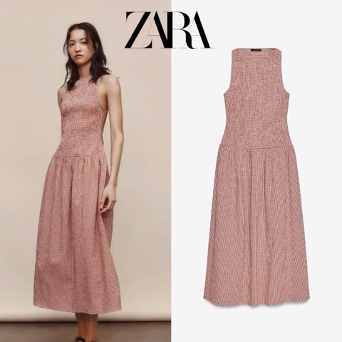 Váy midi sát nách Zara chun thân kẻ đỏ