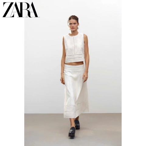 Set Zara trắng ren dập hoa màu kem