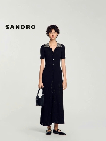 Váy Sandro màu đen maxi cổ đính cườm