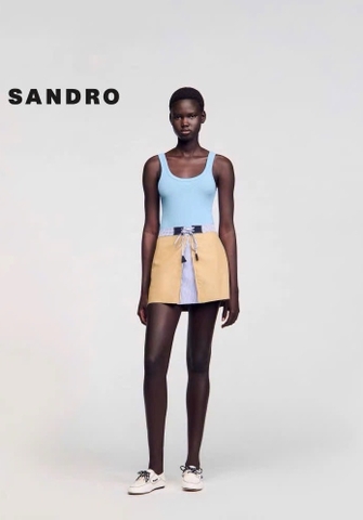 Chân váy mini Sandro màu khaki cải kẻ dây rút